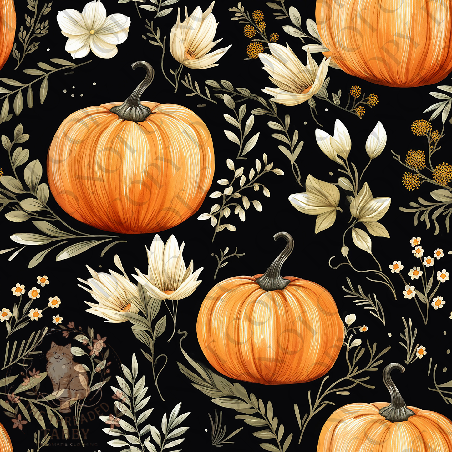Custom Fabric Choice-Pumpkins with White Flowers
